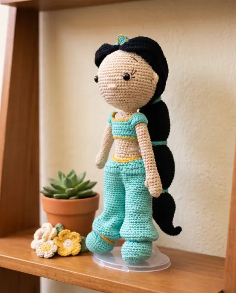Muñeca tejida sobre una repisa de madera