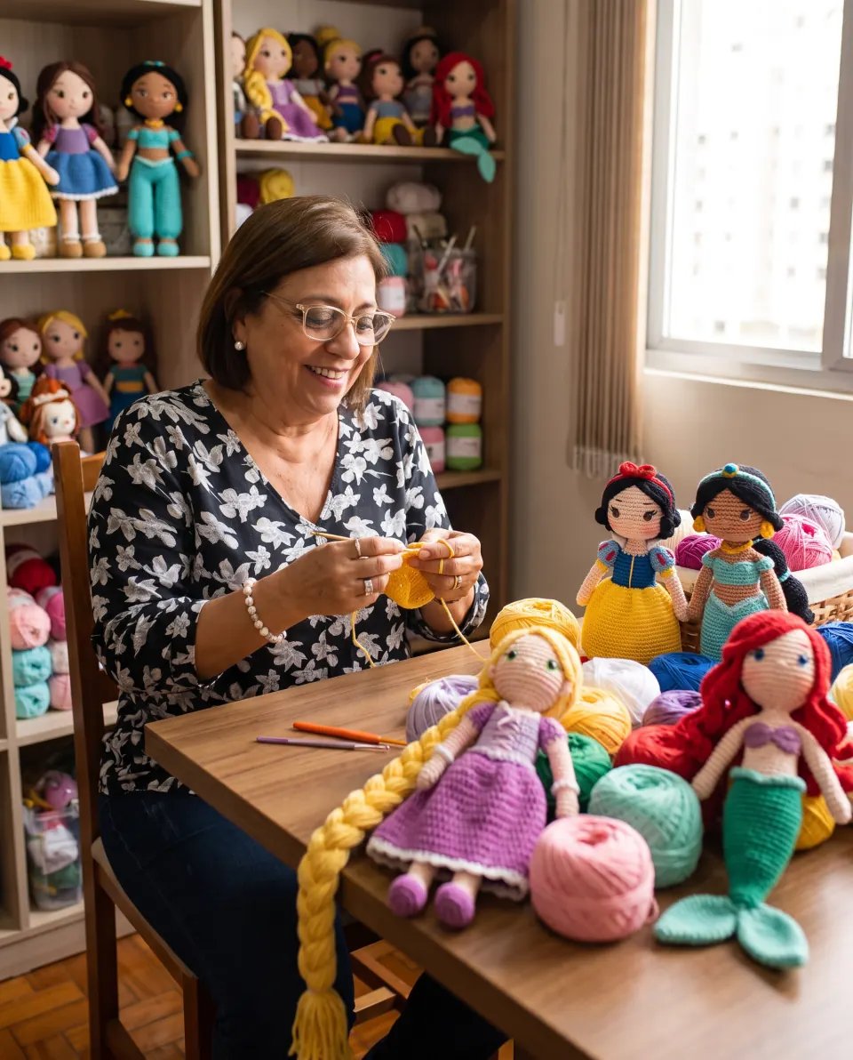 Elisa Zuñiga tejiendo en su taller, rodeada de muñecas y ovillos de hilo