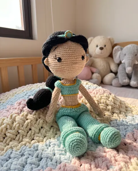 Muñeca tejida sentada en la cama de un cuarto de niña