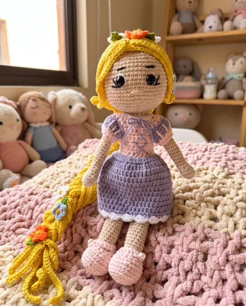 Muñeca de trenza dorada en un cuarto con peluches