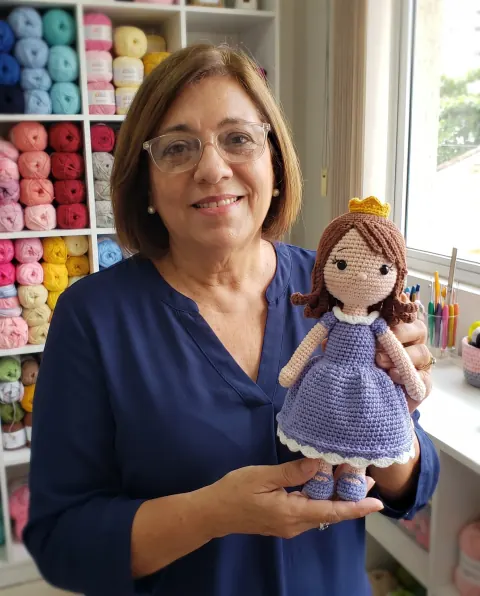Elisa sosteniendo una de sus muñecas terminadas