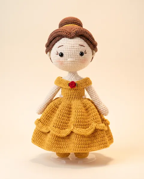 Muñeca de vestido amarillo con rosa roja y chongo castaño